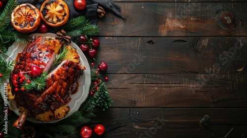 Christmas Ham on a Wooden Table