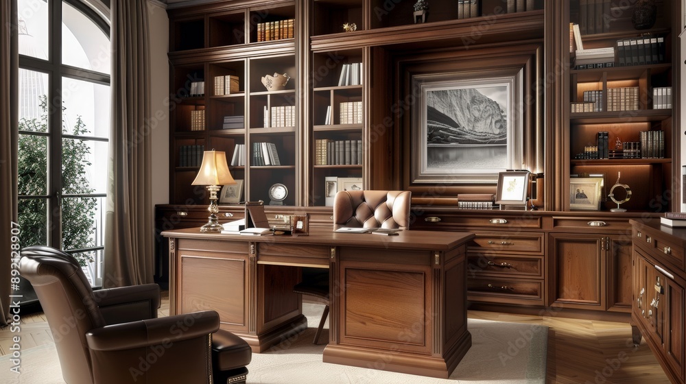 Elegant Home Office with Wooden Furnishings Elegant Home Office with Wooden Furnishings