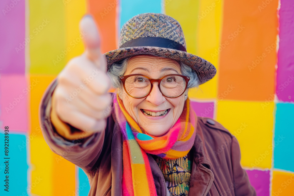 Joyful elderly woman giving a thumbs up with a colorful background. Happy senior lady wearing glasses and a hat, expressing positivity and cheerfulness. Joyful elderly woman giving a thumbs up with a colorful background. Happy senior lady wearing glasses and a hat, expressing positivity and cheerfulness.