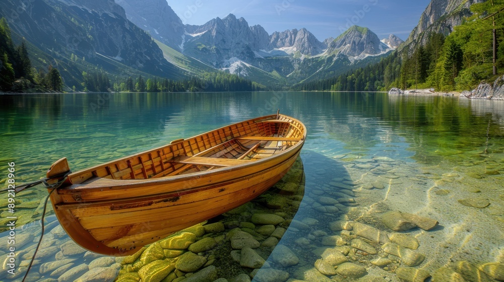 Traditional wooden boat floating on a pristine mountain lake, clear reflections, tranquil and scenic, ideal for travel and nature themes, copy space. Traditional wooden boat floating on a pristine mountain lake, clear reflections, tranquil and scenic, ideal for travel and nature themes, copy space.