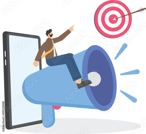 Mobile phone, man with megaphone on screen. social media or network promotion. influencer marketing concept - blogger promotion services and goods for his followers online. Flat vector illustration.
