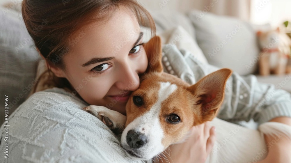 Young woman with cute Jack Russell Terrier dog on cozy sofa at home Young woman with cute Jack Russell Terrier dog on cozy sofa at home