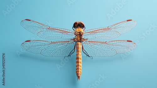 A dragonfly with transparent wings on a blue background.