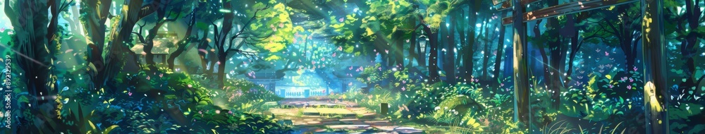 Obraz premium Whimsical Anime-Style Garden Paradise: A Fantasy Wonderland Bursting with Colorful Blossoms and Playful Charm