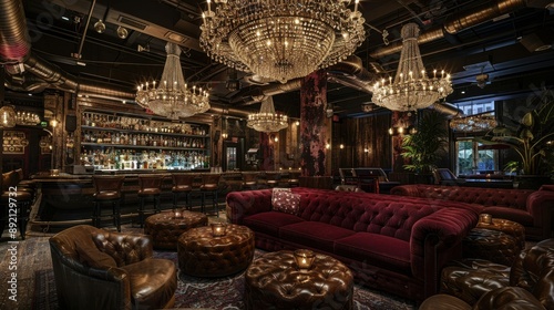 Luxurious speakeasy with velvet couches, chandeliers, and expertly mixed cocktails, exclusive and elegant atmosphere, copy space, ideal for high-end and secretive nightlife.