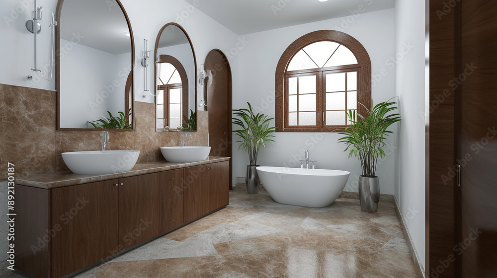A luxurious bathroom interior featuring a modern vanity with a large mirror, elegant lighting, and stylish decor elements. The design combines minimalist and contemporary styles, creating a sophistica A luxurious bathroom interior featuring a modern vanity with a large mirror, elegant lighting, and stylish decor elements. The design combines minimalist and contemporary styles, creating a sophistica