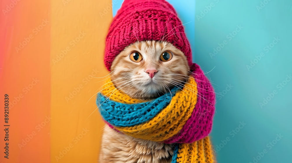 cat in hat and scarf isolated on colorful background cat in hat and scarf isolated on colorful background