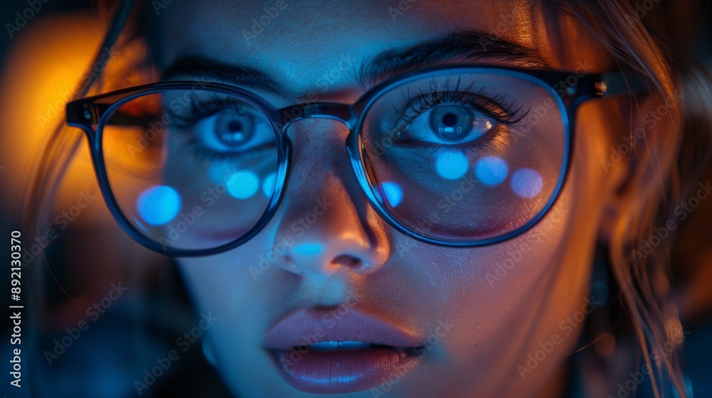 Girl works on internet. Reflection at the glasses from laptop. Close up of woman's eyes with black female glasses for working at a computer. Eye protection from blue light and rays. Girl works on internet. Reflection at the glasses from laptop. Close up of woman's eyes with black female glasses for working at a computer. Eye protection from blue light and rays.