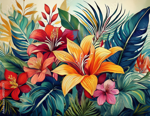 Colorful Tropical Plants and Flowers with Bold Lines and Bright Colors