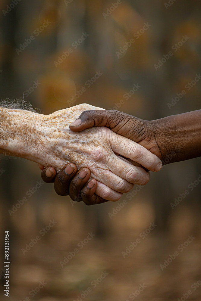 Fototapeta premium Intergenerational handshake portraying harmony across ages and ethnicities, perfect for a book cover design.