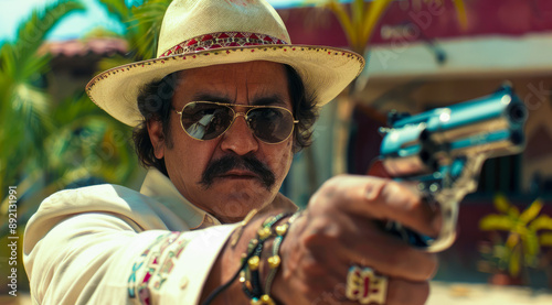 A man in a hat and sunglasses is holding a gun photo