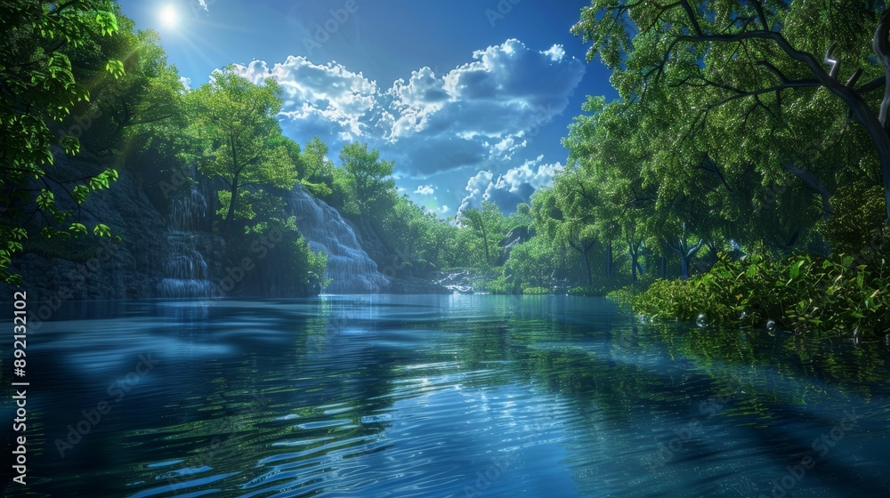 Sunlight Dappling through the Canopy onto a Serene Waterfall Pool, Digital Art, Lush Greenery, Waterfall, Lake, Nature, Tranquility Sunlight Dappling through the Canopy onto a Serene Waterfall Pool, Digital Art, Lush Greenery, Waterfall, Lake, Nature, Tranquility
