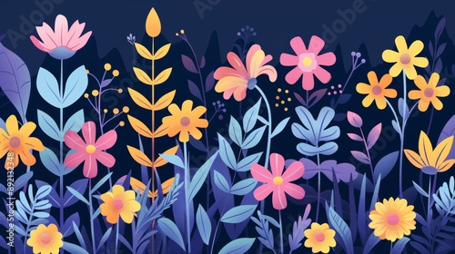 Wallpaper Mural Vibrant Floral Garden - Digital Illustration, Colorful Flowers, Dark Background, Garden Design, Floral Art, Illustration, Nature Torontodigital.ca