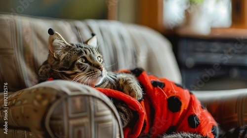 Cats short hair fat body wearing a ladybug costume lying in chair looking at something photo