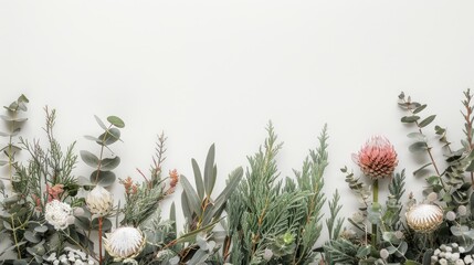 Artistic arrangement of Banksias and Eucalyptus on white backdrop with space for text