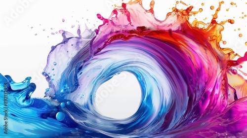 Abstract circle liquid motion flow explosion. Curved wave colorful pattern with paint drops on white background