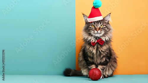 Christmas background with funny maincoon cat in a festive cap and bow tie isolated on colorful background photo