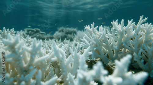 Underwater View of Coral Bleaching. Close-up underwater view of bleached corals highlighting the impact of climate change on marine ecosystems and coral reefs.