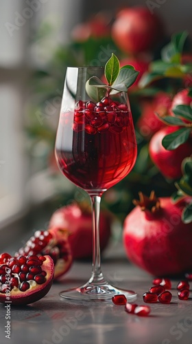 A glass of red pomegranate juice with fresh pomegranate seeds and leaves, surrounded by whole pomegranates.