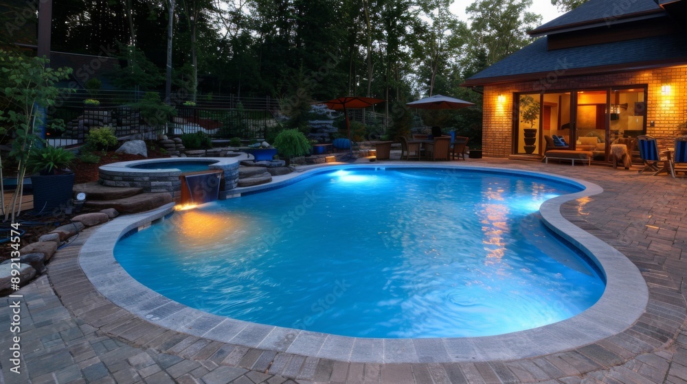 Pool lighting in backyard at night for family lifestyle and living area. Luxury design with good light and clean landscaping. Pool lighting in backyard at night for family lifestyle and living area. Luxury design with good light and clean landscaping.