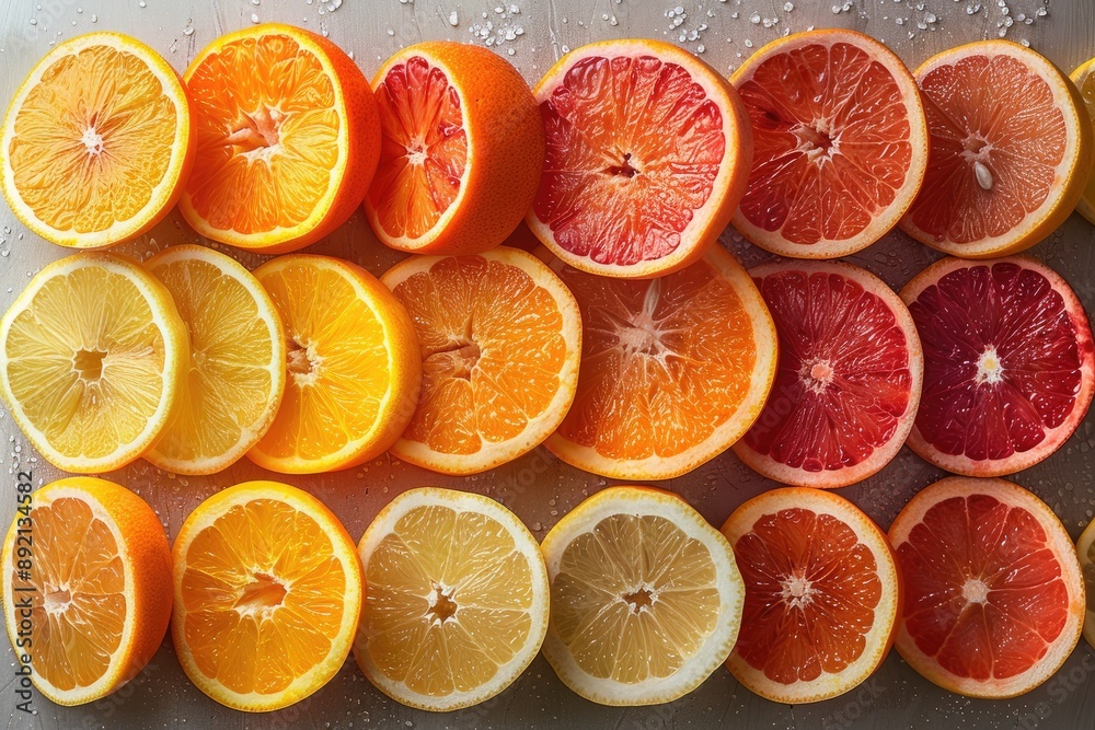 A vibrant overhead view of various citrus fruits such as oranges, grapefruits, and lemons, halved, showcasing their colorful interior segments. A vibrant overhead view of various citrus fruits such as oranges, grapefruits, and lemons, halved, showcasing their colorful interior segments.