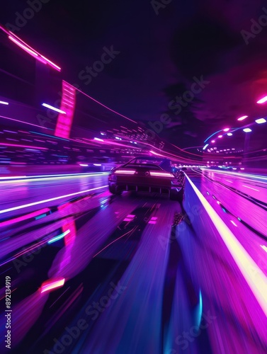 driving in the night, futuristic synth-wave car in purple neon colours. Generative AI photo