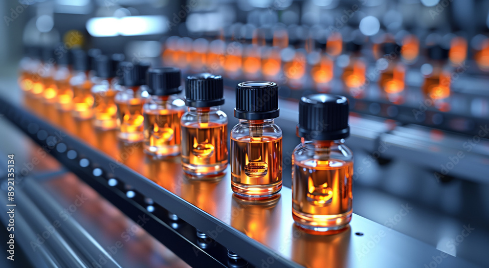 Medical vials on production line at pharmaceutical factory, Pharmaceutical machine working pharmaceutical glass bottles production line