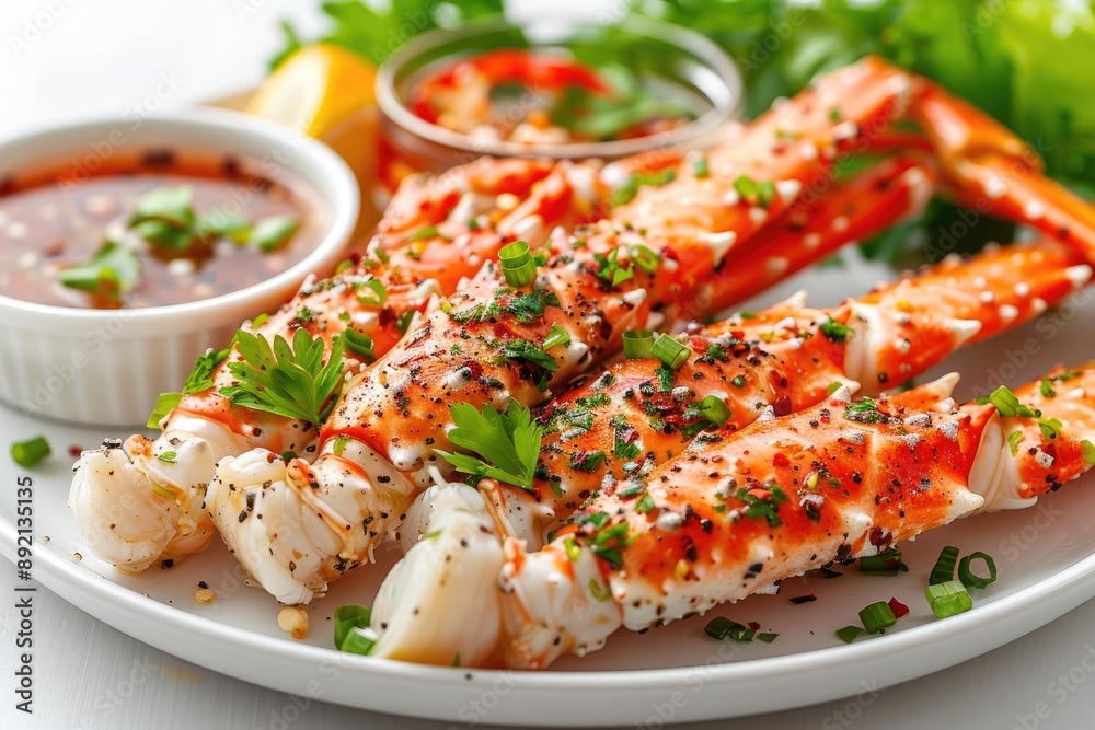 Delicious, seasoned king crab legs served with a side of dipping sauce and garnished with fresh herbs, perfect for seafood lovers. Delicious, seasoned king crab legs served with a side of dipping sauce and garnished with fresh herbs, perfect for seafood lovers.