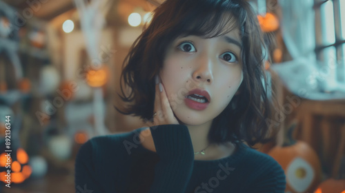 ハロウィーンの屋敷で恐怖に怯える日本人女性