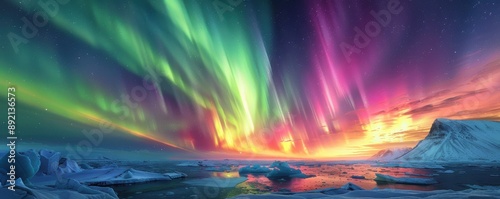 Northern lights swirling above a pristine Arctic landscape, icebergs and snowy plains beneath the colorful sky, copy space, ideal for polar exploration and breathtaking scenery.