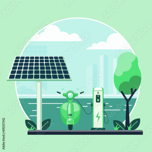 Solar battery and electric scooter charging on the waterfront. Modern city buildings in the distance.