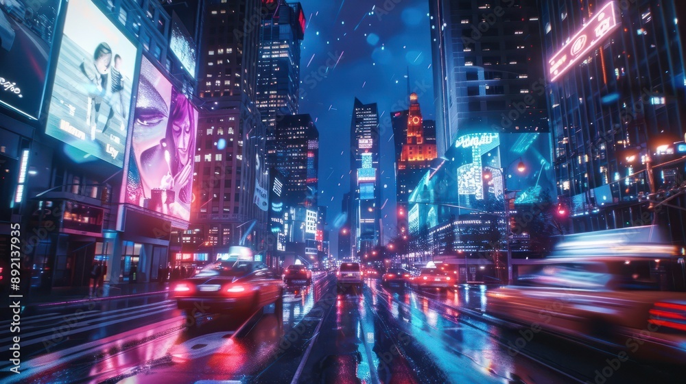 Perspective view of an advertising banner on a city night street, layout. Modern billboard. Tall skyscrapers sparkling with neon lights, cars moving in slow motion. Perspective view of an advertising banner on a city night street, layout. Modern billboard. Tall skyscrapers sparkling with neon lights, cars moving in slow motion.