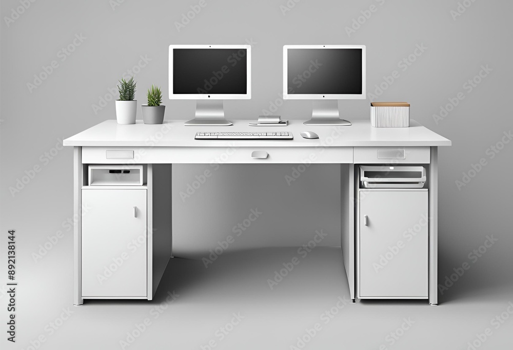 Buy a hyperrealistic, highly detailed computer desk. Perfect for modern offices, home setups, and gaming stations. Isolated on a white background Buy a hyperrealistic, highly detailed computer desk. Perfect for modern offices, home setups, and gaming stations. Isolated on a white background