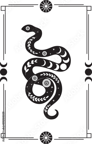 Rectangular frame with decorative floral snake in retro style. Abstract black serpent silhouette with floral elements inside.