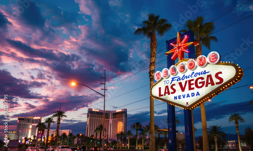 Watercolor Las Vegas, Nevada, USA at the Welcome to Las Vegas Sign at dusk