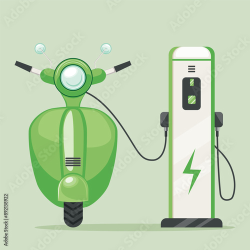 Ecological city transport illustration. Electric scooter of green color charged from charging station. Cartoon green scooter, alternative energy concept design.