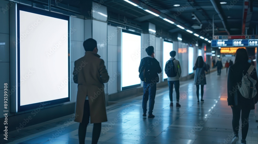 Three mock up the white screen billboard in subway station for advertising information or media on wall of corridor blur passenger walking through the left : Generative AI Three mock up the white screen billboard in subway station for advertising information or media on wall of corridor blur passenger walking through the left : Generative AI