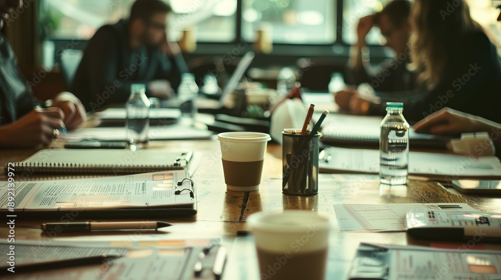 A busy conference room with a team discussing a project, documents and spreadsheets spread out on the table, everyone engaged and collaborating, coffee cups and pens scattered around A busy conference room with a team discussing a project, documents and spreadsheets spread out on the table, everyone engaged and collaborating, coffee cups and pens scattered around