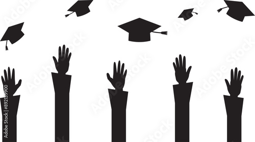 Graduation, getting education and learning concept. Silhouettes of hands of students university graduates throwing graduation hats in air, celebrating graduation, abstract illustration.