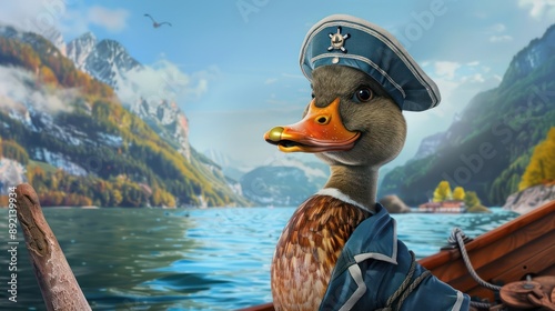 duck as a sailor, with a captain's hat and a lake backdrop photo