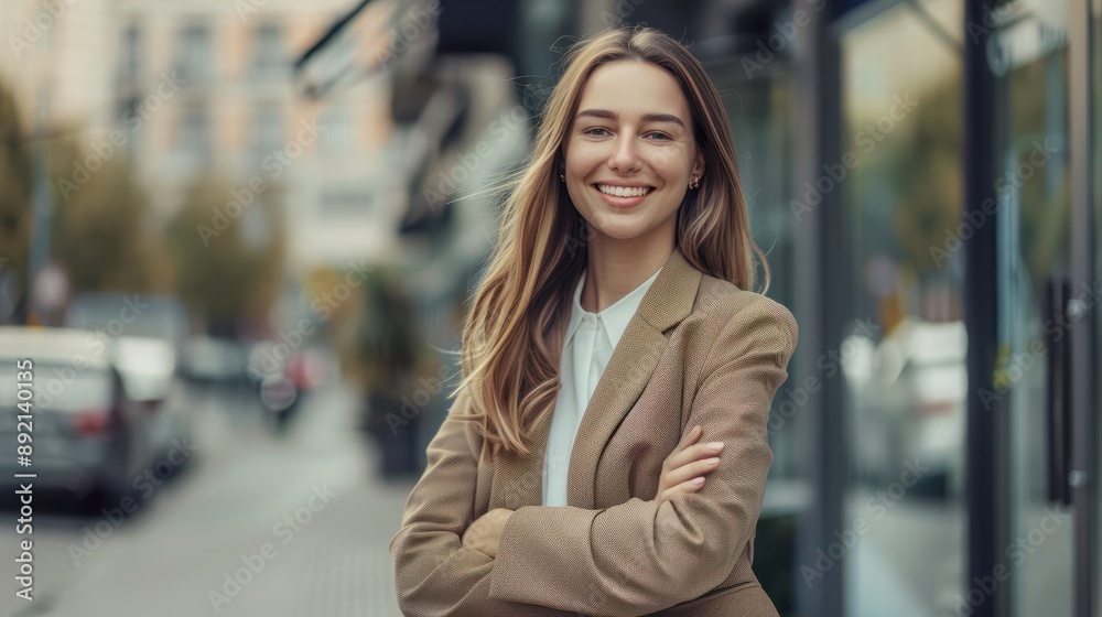 Young happy pretty smiling professional business woman, happy confident positive female entrepreneur standing outdoor on street arms crossed, looking at camera, Generative AI Young happy pretty smiling professional business woman, happy confident positive female entrepreneur standing outdoor on street arms crossed, looking at camera, Generative AI