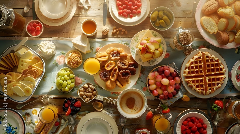 breakfast table full of various dishes. Belgian waffles, jam, nuts, fresh juice, sliced fruits, cheese platter, and a pot of hot coffee on breakfast table breakfast table full of various dishes. Belgian waffles, jam, nuts, fresh juice, sliced fruits, cheese platter, and a pot of hot coffee on breakfast table