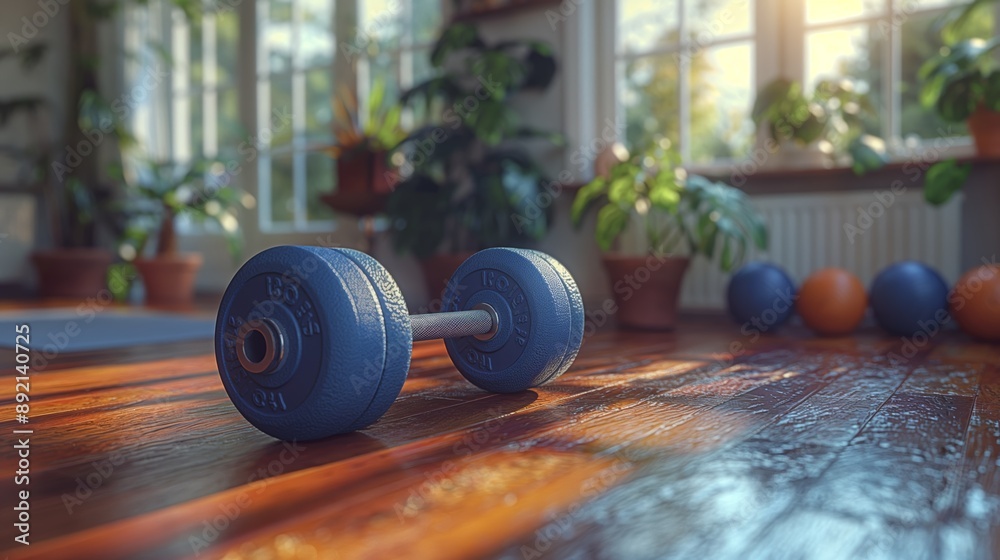 Blue Dumbbell on Wooden Floor Blue Dumbbell on Wooden Floor