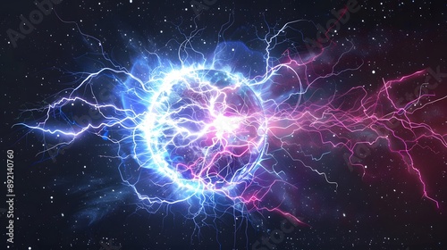 Powerful electrical discharge, lightning strike impact place realistic vector on transparent background. Ball lightning, magical effect design element. Electric energy flash sphere, pain nerve impulse
