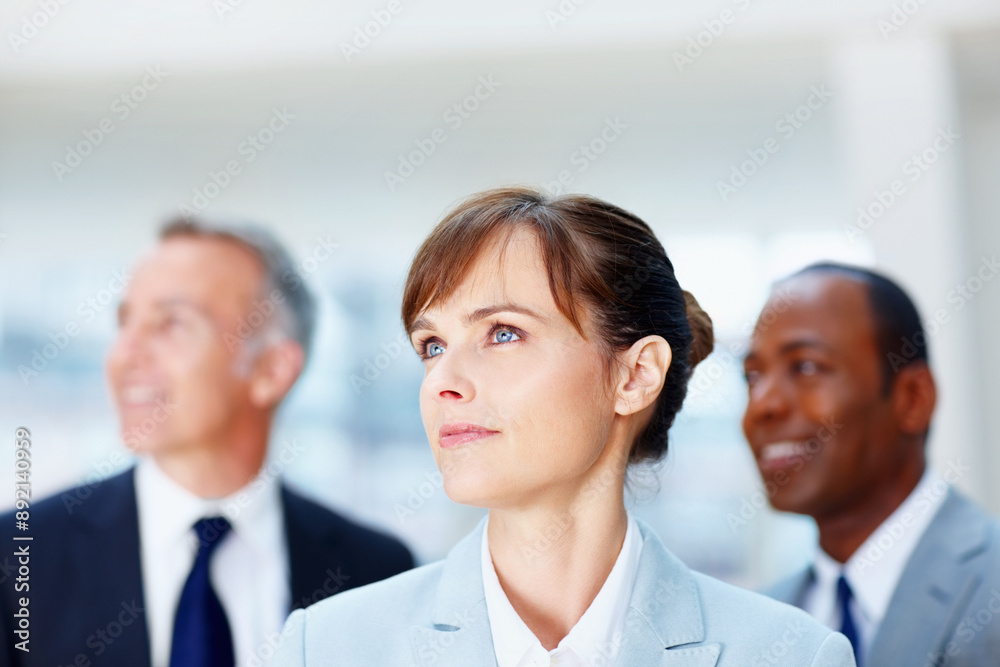 Thinking, business and woman with team, ideas and synergy for project, cooperation and diversity. Planning, group and employees with decision, choice and brainstorming in modern office and support Thinking, business and woman with team, ideas and synergy for project, cooperation and diversity. Planning, group and employees with decision, choice and brainstorming in modern office and support