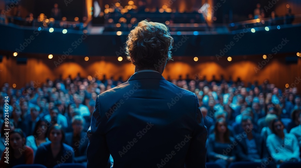 CEO giving a speech at a company event in a large auditorium CEO giving a speech at a company event in a large auditorium