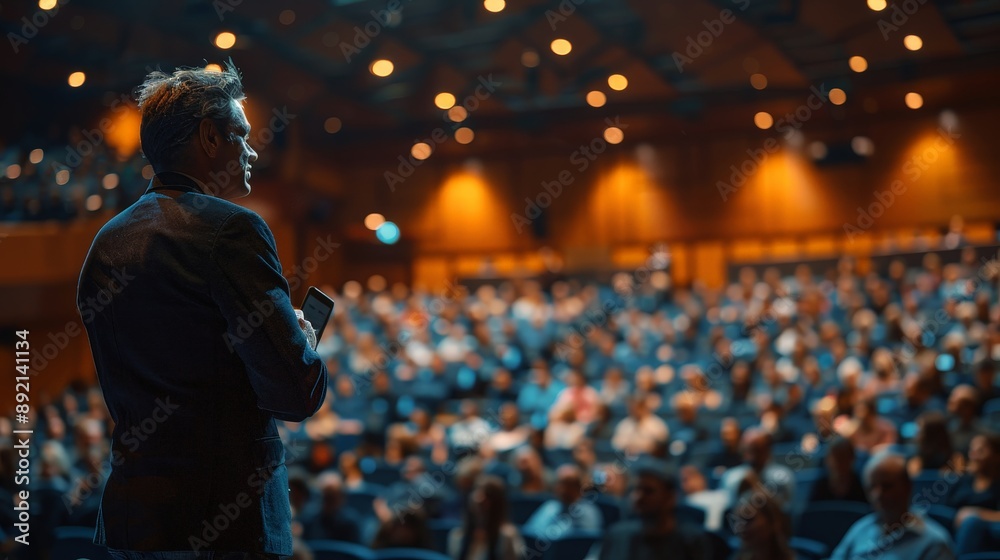 CEO giving a speech at a company event in a large auditorium CEO giving a speech at a company event in a large auditorium