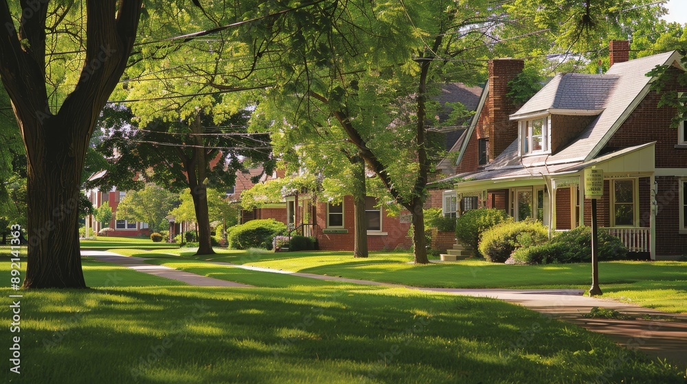 Homes nestled amidst rolling green lawns, each with its own unique charm, line a quaint Midwestern street. Homes nestled amidst rolling green lawns, each with its own unique charm, line a quaint Midwestern street.