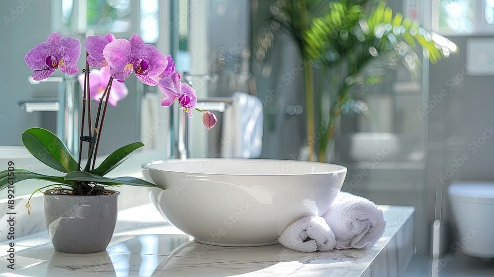 A bright bathroom with a modern, clean design showcasing a purple orchid on the counter beside the sink A bright bathroom with a modern, clean design showcasing a purple orchid on the counter beside the sink
