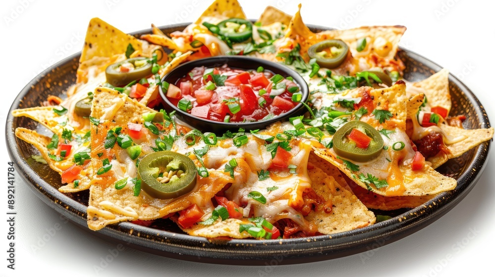 A delicious plate of crispy nachos topped with melted cheese, fresh diced tomatoes. Perfect for a snack or party. A delicious plate of crispy nachos topped with melted cheese, fresh diced tomatoes. Perfect for a snack or party.